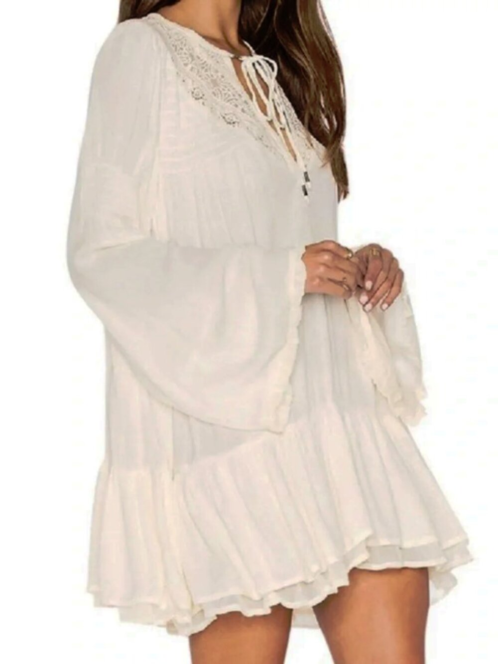 Free People NWT One Night Ivory Ecru Crinkled Victorian Lace Swing Dress L